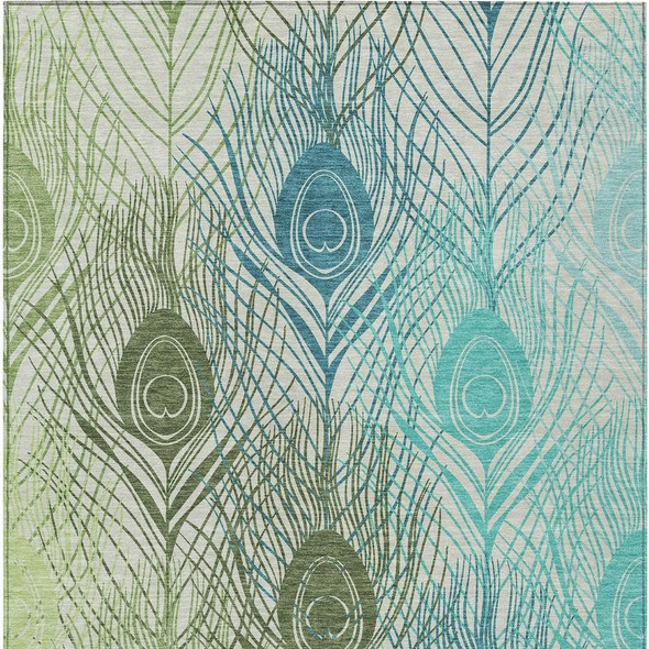 3' X 5' Artichoke Green Ivory And Blue Floral Washable Indoor Outdoor Area Rug