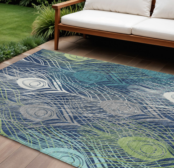 9' X 12' Navy Blue Ivory And Green Floral Washable Indoor Outdoor Area Rug
