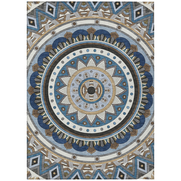 10' X 14' Denim Blue Ivory And Beige Geometric Washable Indoor Outdoor Area Rug