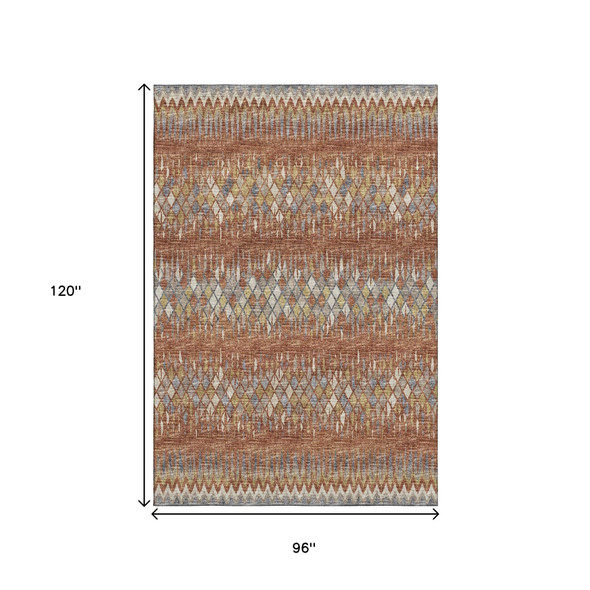 8' X 10' Cinnamon And Blue Ikat Washable Indoor Outdoor Area Rug