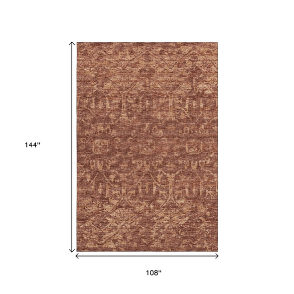 9' X 12' Terra Cotta And Beige Damask Washable Indoor Outdoor Area Rug