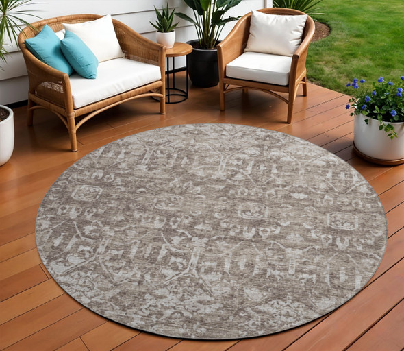 8' Brown And Ivory Round Damask Washable Indoor Outdoor Area Rug