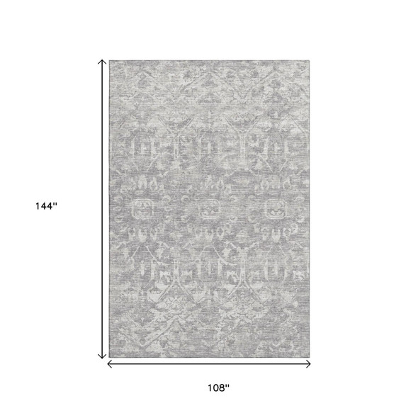 9' X 12' Gray And Ivory Damask Washable Indoor Outdoor Area Rug