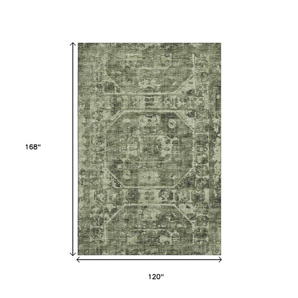 10' X 14' Olive Green And Ivory Tribal Washable Indoor Outdoor Area Rug