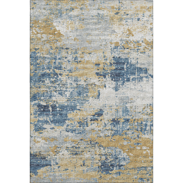 9' X 12' Blue Ivory And Gold Abstract Washable Area Rug With UV Protection