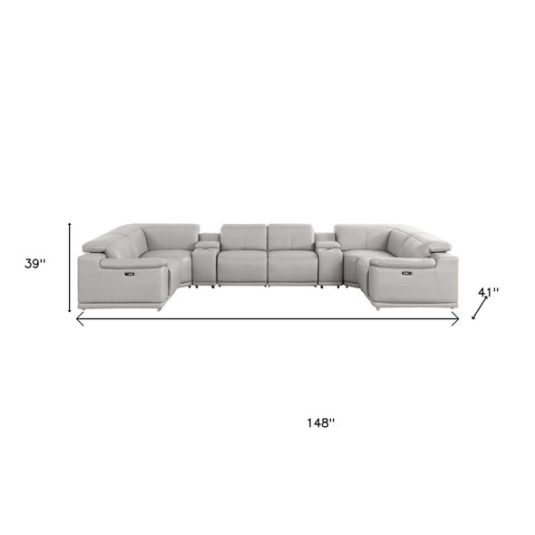 Ash Gray Leather Power Reclining U Shaped Eight Piece Corner Sectional With Console