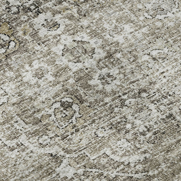 10' X 14' Stone And Coffee Floral Medallion Distressed Washable Area Rug With UV Protection