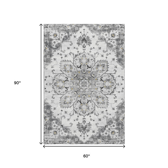 5' X 8' Light Gray Ivory And Gold Floral Medallion Distressed Washable Area Rug With UV Protection
