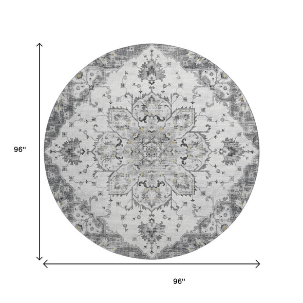 8' Light Gray Ivory And Gold Floral Medallion Distressed Washable Round Rug With UV Protection