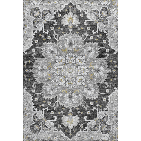 3' X 5' Graphite Gold And Charcoal Floral Medallion Washable Area Rug With UV Protection