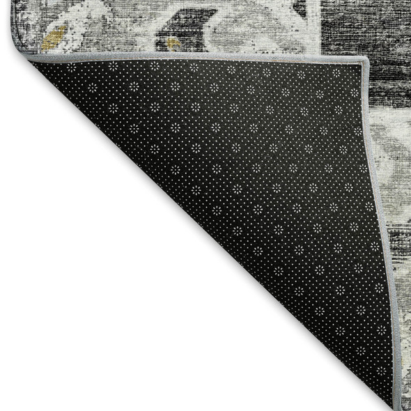 9' X 12' Graphite Gold And Charcoal Floral Medallion Distressed Washable Area Rug With UV Protection