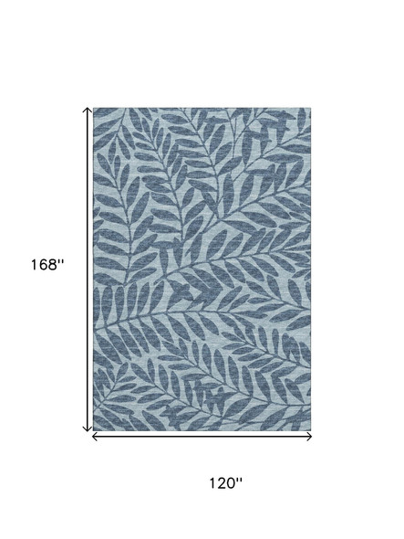 10' X 14' Blue And Ivory Botanical Leaves Washable Area Rug With UV Protection