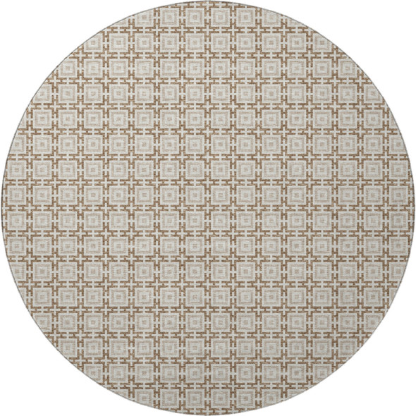 8' Taupe And Beige Geometric Washable Round Rug With UV Protection