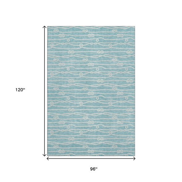 8' X 10' Teal Blue And Ivory Nautical Washable Area Rug With UV Protection
