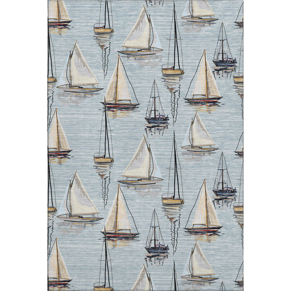 9' X 12' Sky Blue Gold And Ivory Nautical Washable Area Rug With UV Protection