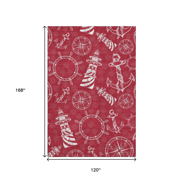 10' X 14' Red And Ivory Nautical Washable Area Rug With UV Protection