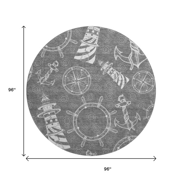 8' Gray And Ivory Nautical Washable Round Rug With UV Protection