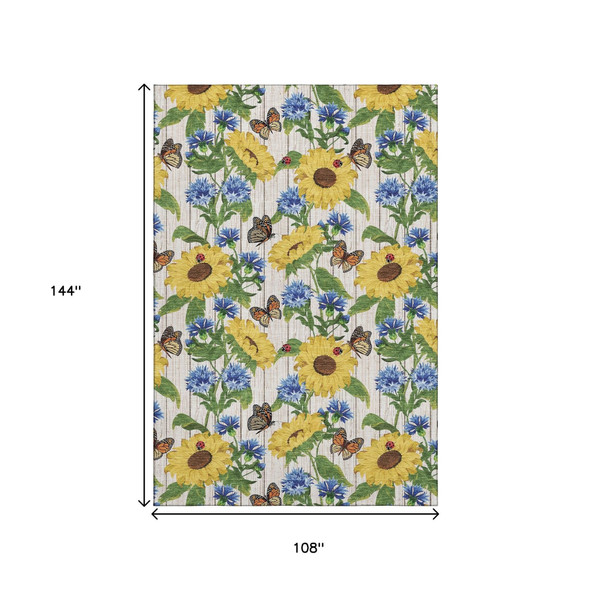 9' X 12' Yellow Green And Blue Geometric Washable Area Rug With UV Protection