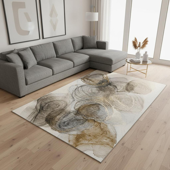 8' X 10' Brown And Ivory Abstract Washable Area Rug With UV Protection