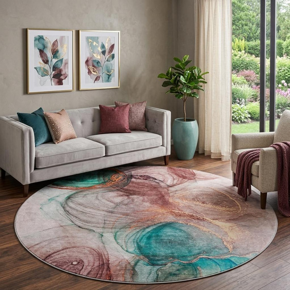 8' Burgundy Blue And Ivory Abstract Washable Round Rug With UV Protection