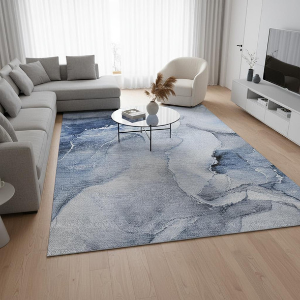 10' X 14' Blue And Ivory Abstract Washable Area Rug With UV Protection
