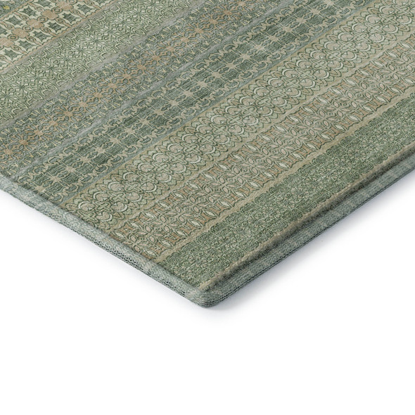 8' Fern Green And Ivory Striped Washable Round Rug With UV Protection
