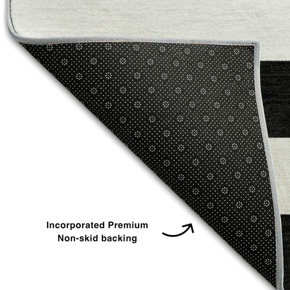 9' X 12' Black And Ivory Striped Washable Area Rug With UV Protection