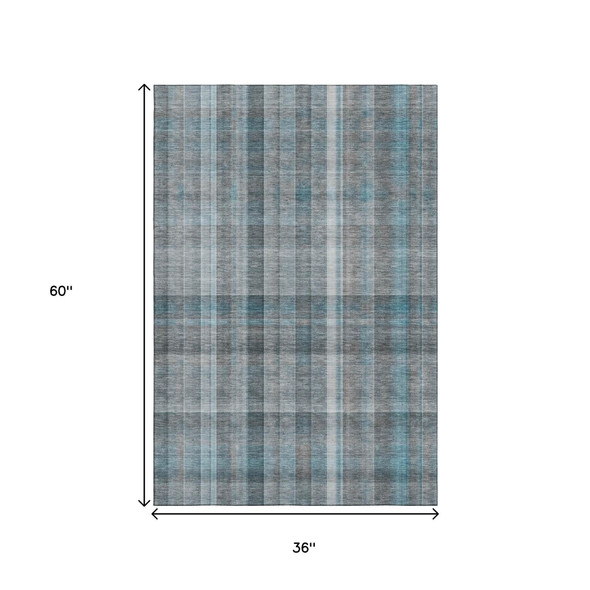 3' X 5' Teal And Ivory Plaid Washable Area Rug With UV Protection