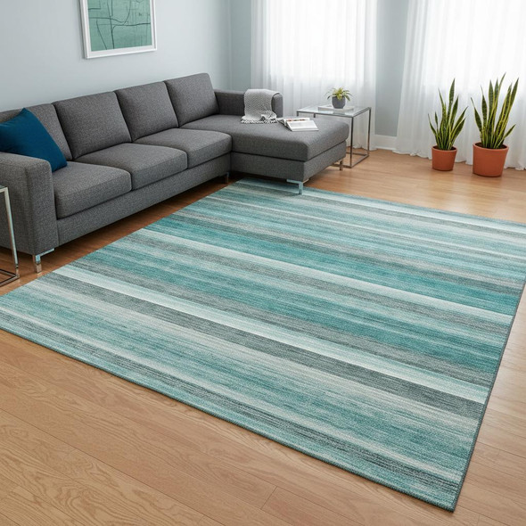 8' X 10' Teal Gray And Ivory Striped Washable Area Rug With UV Protection