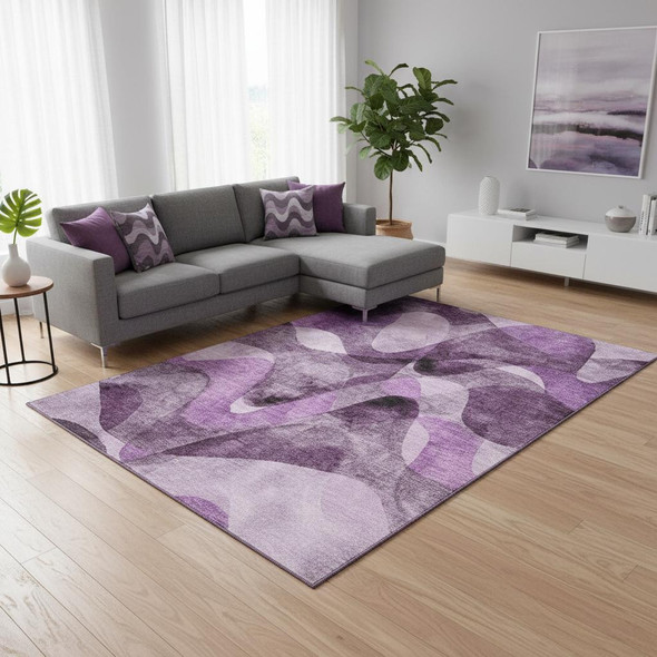 10' X 14' Purple And Ivory Abstract Washable Area Rug With UV Protection