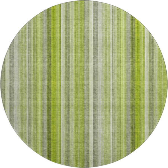 8' Green And Ivory Striped Washable Round Rug With UV Protection