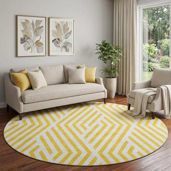 8' Yellow And Ivory Geometric Washable Round Rug With UV Protection