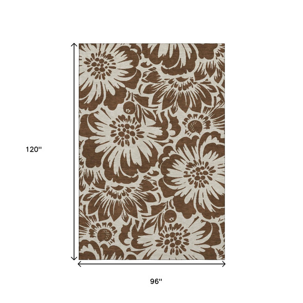 8' X 10' Brown And Ivory Floral Washable Area Rug With UV Protection