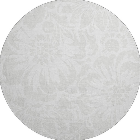 8' Ivory And Cream Floral Washable Round Rug With UV Protection