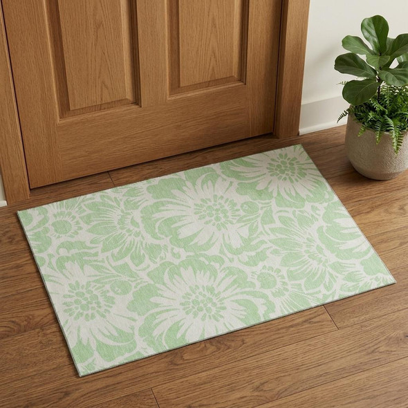 3' X 5' Mint Green And Ivory Floral Washable Area Rug With UV Protection
