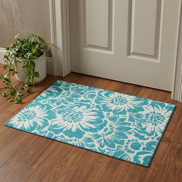 3' X 5' Teal And Ivory Floral Washable Area Rug With UV Protection