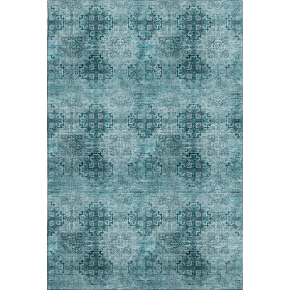 5' X 8' Teal And Ivory Floral Medallion Distressed Washable Area Rug With UV Protection