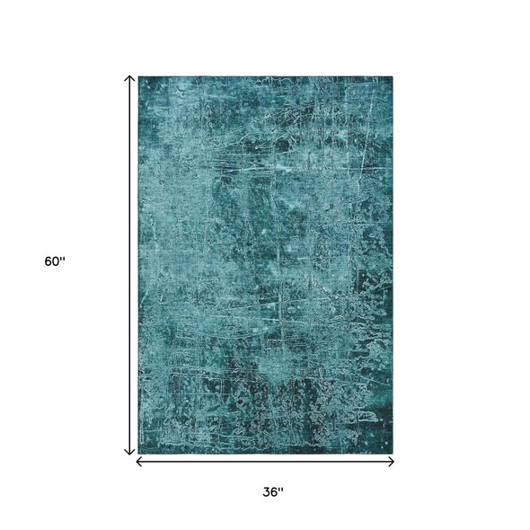 3' X 5' Teal And Ivory Abstract Washable Area Rug With UV Protection