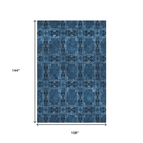 9' X 12' Navy Blue And Gray Floral Medallion Washable Area Rug With UV Protection