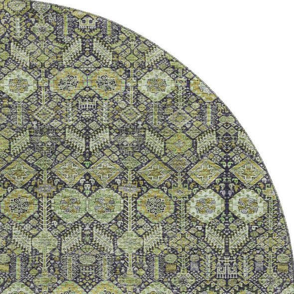 8' Green Gray And Ivory Tribal Washable Round Rug With UV Protection
