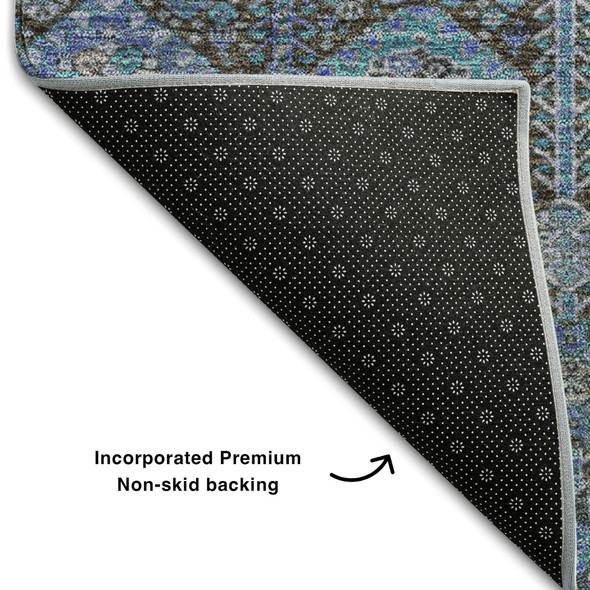 10' X 14' Teal And Gray Tribal Washable Area Rug With UV Protection