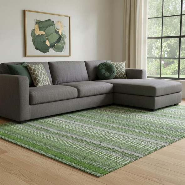 9' X 12' Green Ivory And Gray Striped Washable Area Rug With UV Protection