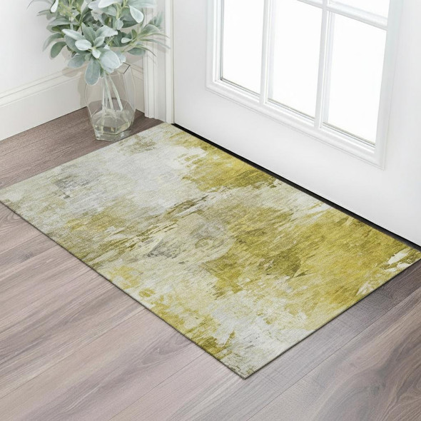 3' X 5' Gold And Ivory Abstract Washable Area Rug With UV Protection