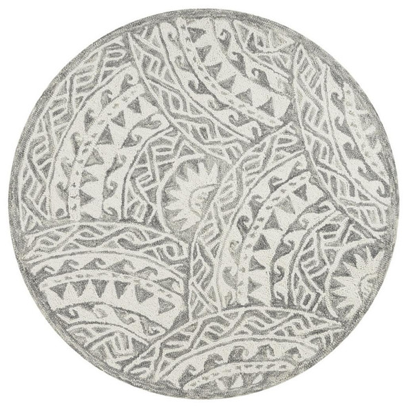 6' Gray Round Wool Geometric Hand Tufted Area Rug