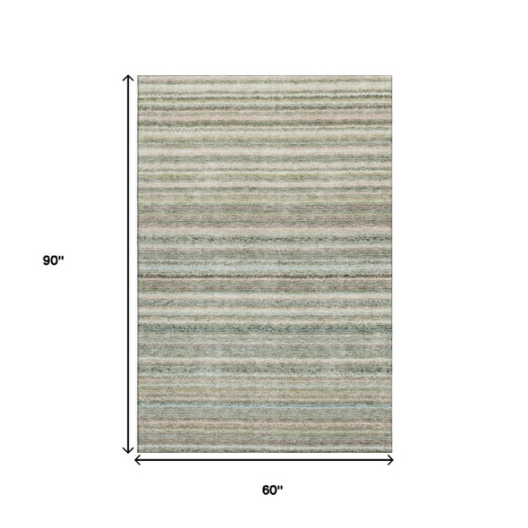 5' X 8' Sage And Ivory Striped Washable Area Rug With UV Protection