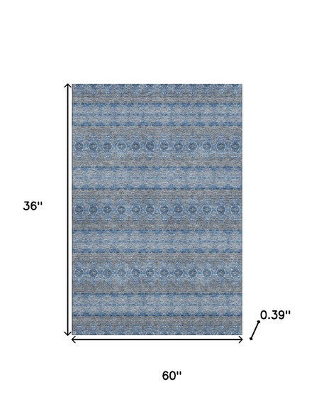 3' X 5' Navy Blue Gray And Ivory Floral Medallion Washable Area Rug With UV Protection