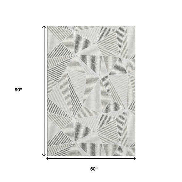 5' X 8' Taupe And Silver Geometric Washable Area Rug With UV Protection