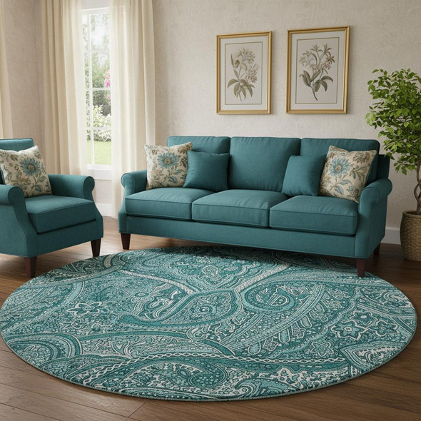 8' Teal And Ivory Paisley Washable Round Rug With UV Protection