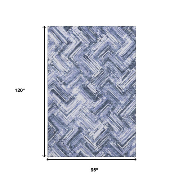 8' X 10' Blue And Ivory Chevron Washable Area Rug With UV Protection
