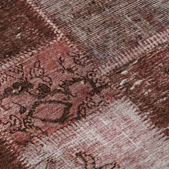 8' Burgundy And Ivory Patchwork Washable Round Rug With UV Protection